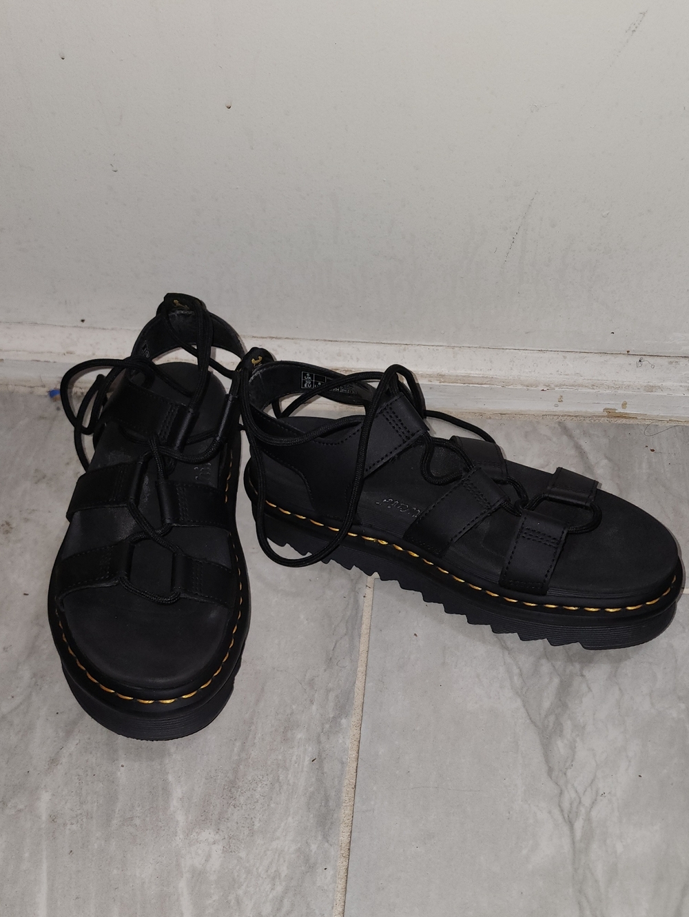 Dr. Martens Black Lace-Up Platform Sandals with Yellow Stitching